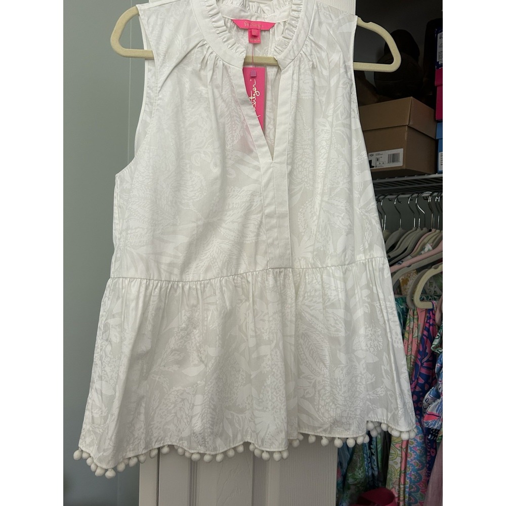NWT Lilly Pulitzer Novella Ruffle Hem Top Jungle Cabana Resort White XL Minimal